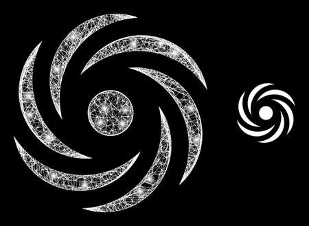 Glossy mesh vector cyclone rotation with glare effect. White mesh, glare spots on a black background with cyclone rotation icon. Mesh and glare elements are placed on different layers.のイラスト素材