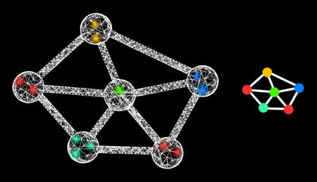 Magic mesh vector network with glare effect. White mesh, glare spots on a black background with network icon. Mesh and lightspot elements are placed on different layers.のイラスト素材