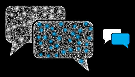 Glossy mesh vector chat messages with glow effect. White mesh, bright spots on a black background with chat messages icon. Mesh and glowing elements are placed on different layers.のイラスト素材