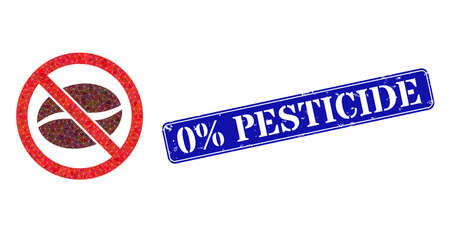 Low-poly no caffeine constructed with chaotic filled triangles, and grunge 0% Pesticide stamp. Blue rounded framed rectangle stamp seal has 0% Pesticide text inside framed rectangle form.のイラスト素材