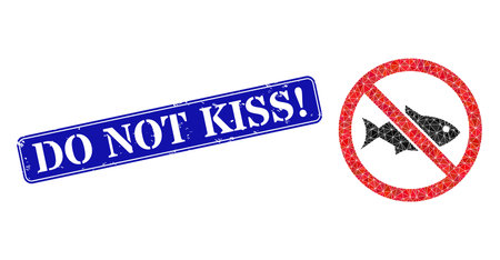 Low-poly forbidden fish combined of random filled triangles, and grunge Do Not Kiss! seal stamp. Blue rounded framed rectangular stamp seal includes Do Not Kiss! caption inside framed rectangle form.のイラスト素材
