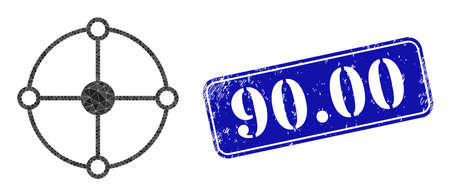 Low-poly circle grid node combined of chaotic filled triangles, and grunge 90.00 seal stamp. Blue...