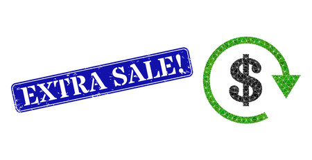 Low-poly dollar repay constructed of chaotic filled triangles, and grunge Extra Sale! seal. Blue rounded framed rectangle stamp seal has Extra Sale! text inside framed rectangle shape.のイラスト素材