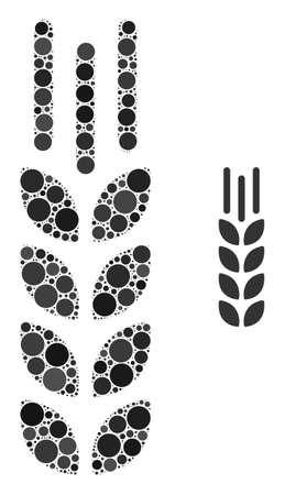 Barley ear vector collage of round dots in various sizes and color tints. Round dots are combined into barley ear vector collage. Abstract vector design concept.のイラスト素材