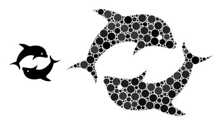 Dolphin pair vector collage of round dots in variable sizes and color tones. Dots are composed into dolphin pair vector collage. Abstract vector design concept.のイラスト素材