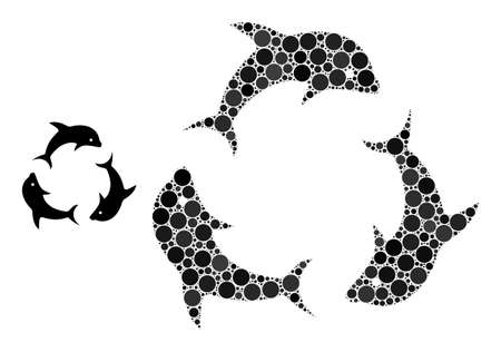 Dolphin trio vector collage of round dots in different sizes and color tints. Circle dots are composed into dolphin trio vector collage. Abstract vector design concept.のイラスト素材