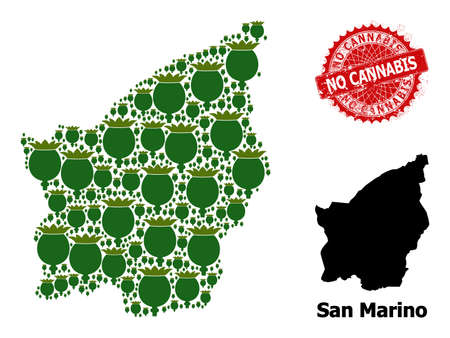 Rubber No Cannabis stamp seal, and San Marino map mosaic of poppy head icons. Red round stamp seal contains No Cannabis title inside it. San Marino map collage is made of poppy head elements.のイラスト素材