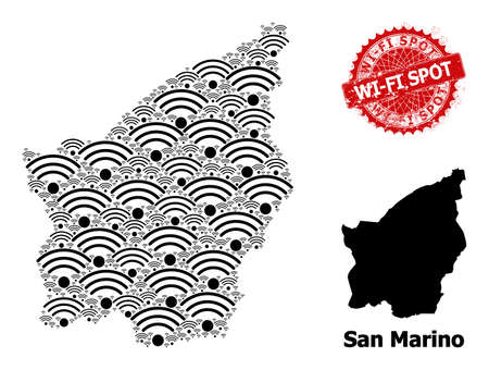 Textured WiFi Spot stamp seal, and San Marino map mosaic of wifi source icons. Red round stamp includes WiFi Spot caption inside it. San Marino map collage is designed of wifi source parts.のイラスト素材