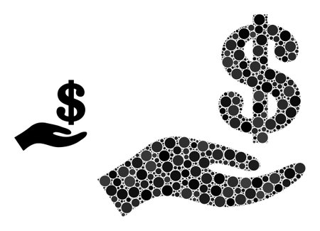 Donation hand vector mosaic of circle dots in variable sizes and color tints. Circle dots are united into donation hand vector illustration. Abstract vector illustration.のイラスト素材