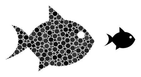 Fish vector mosaic of circle dots in various sizes and color tints. Circle dots are grouped into fish vector mosaic. Abstract vector illustration.のイラスト素材