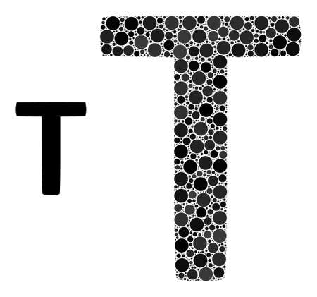 Tau Greek letter vector mosaic of circle dots in different sizes and color tints. Circle dots are combined into Tau Greek letter vector composition. Abstract vector design concept.のイラスト素材