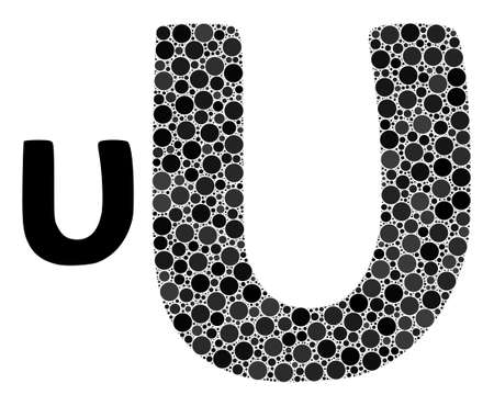 Upsilon Greek lowercase symbol vector composition of small circles in various sizes and color hues. Small circles are organized into Upsilon Greek lowercase symbol vector collage.のイラスト素材