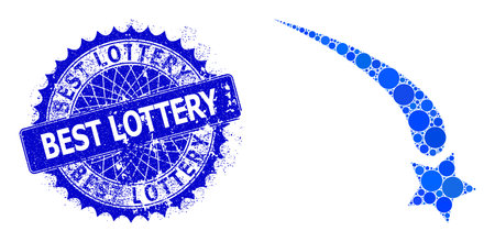 Falling star vector collage of round dots in different sizes and blue color tints, and grunge Best Lottery seal. Blue round sharp rosette badge includes Best Lottery text inside.のイラスト素材