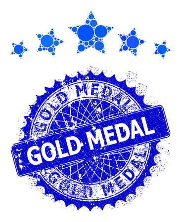 5 star rating vector composition of round dots in variable sizes and blue color tinges, and rubber Gold Medal stamp seal. Blue round sharp rosette stamp has Gold Medal text inside.のイラスト素材