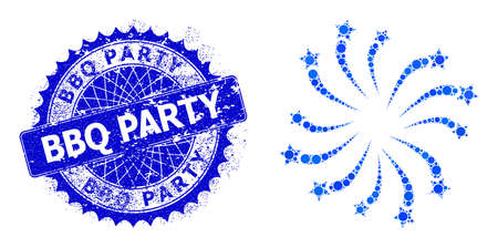 Fireworks salute vector mosaic of round dots in various sizes and blue color tones, and distress BBQ Party stamp seal. Blue round sharp rosette stamp seal includes BBQ Party tag inside it.のイラスト素材