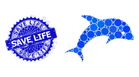 Dolphin vector collage of round dots in different sizes and blue color shades, and scratched Save Life stamp seal. Blue round sharp rosette stamp includes Save Life tag inside.のイラスト素材
