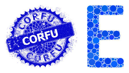 Epsilon Greek symbol vector mosaic of round dots in various sizes and blue color hues, and textured Corfu seal. Blue round sharp rosette seal has Corfu tag inside.のイラスト素材