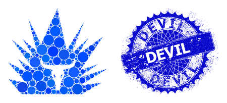 Hell demon vector composition of round dots in various sizes and blue color tones, and grunge Devil stamp seal. Blue round sharp rosette badge has Devil tag inside.のイラスト素材