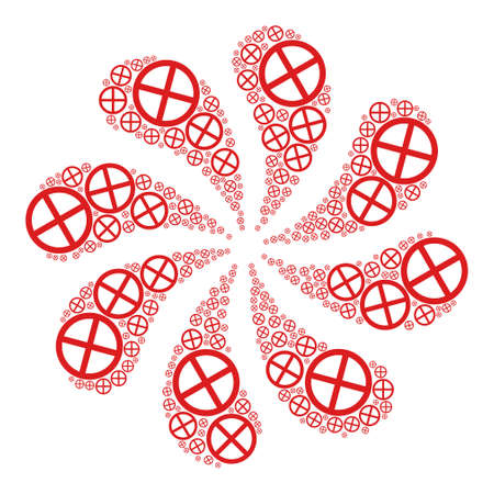 Cancel icon twirl burst flower salute shape. Rotation twirl created from scattered cancel symbols.のイラスト素材