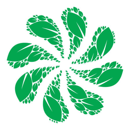 Botanic leaf icon curl abstract flower fireworks shape. Flower centrifugal explosion composed using random botanic leaf icons.のイラスト素材