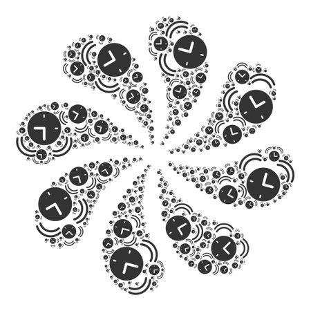 Alarm clock icon rotation spin flower salute composition. Flower burst designed using random alarm clock items.のイラスト素材