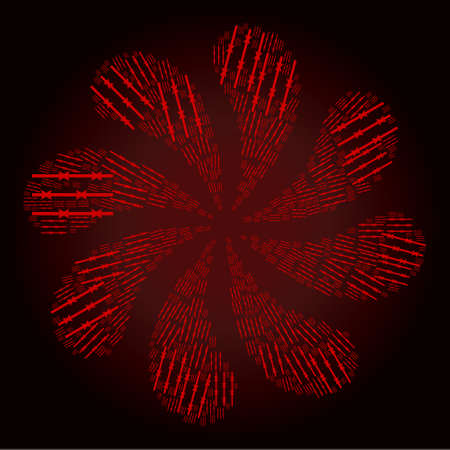 Bloody barbed wire fence icon centrifugal abstract turbine fireworks shape on red dark gradient background. Flower centrifugal explosion organized from red scattered barbed wire fence items.のイラスト素材