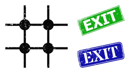 Grunge incomplete grid structure icon and rectangle rubber Exit stamp. Vector green Exit and blue Exit seals with grunge rubber texture, designed for incomplete grid structure illustration.のイラスト素材