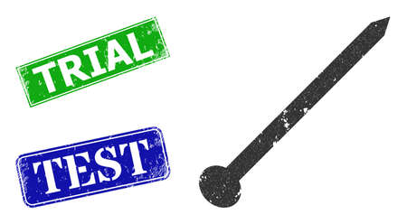 Grunge needle icon and rectangular scratched Trial stamp. Vector green Trial and blue Test watermarks with scratched rubber texture, designed for needle illustration.のイラスト素材