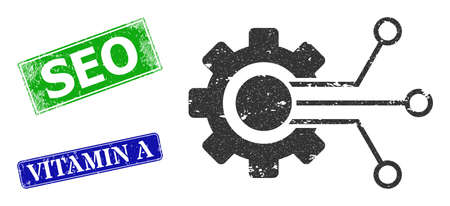 Grunge gear sensor icon and rectangular rubber Seo seal stamp. Vector green Seo and blue Vitamin A seals with distress rubber texture, designed for gear sensor illustration.のイラスト素材