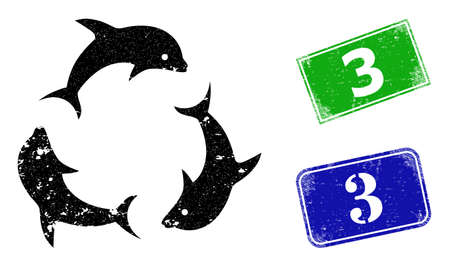 Grunge dolphin trio icon and rectangle corroded 3 stamp. Vector green 3 and blue 3 watermarks with grunge rubber texture, designed for dolphin trio illustration. 3 caption inside rectangle frame.のイラスト素材