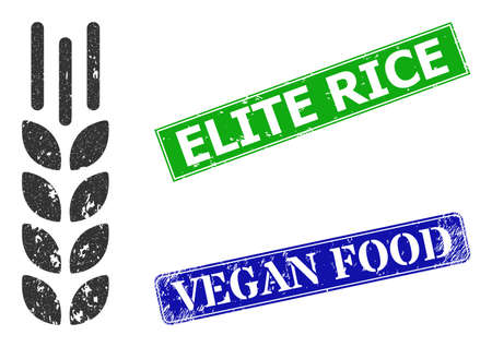 Grunge barley ear icon and rectangular scratched Elite Rice seal stamp. Vector green Elite Rice and blue Vegan Food imprints with scratched rubber texture, designed for barley ear illustration.のイラスト素材