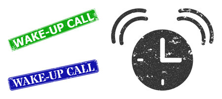 Grunge alarm clock icon and rectangle rubber Wake-Up Call stamp. Vector green Wake-Up Call and blue Wake-Up Call imprints with retro rubber texture, designed for alarm clock illustration.のイラスト素材