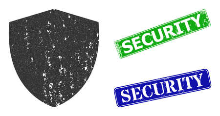 Grunge shield icon and rectangle scratched Security stamp. Vector green Security and blue Security seals with scratched rubber texture, designed for shield illustration.のイラスト素材