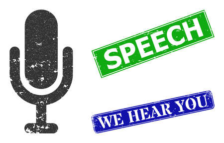 Grunge microphone icon and rectangular dirty Speech seal stamp. Vector green Speech and blue We Hear You seals with grunge rubber texture, designed for microphone illustration.のイラスト素材