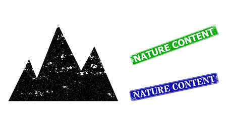 Grunge mountains icon and rectangle rubber Nature Content seal stamp. Vector green Nature Content and blue Nature Content watermarks with grunge rubber texture,のイラスト素材
