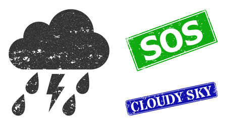 Grunge thunder storm cloud icon and rectangle corroded Sos seal stamp. Vector green Sos and blue Cloudy Sky watermarks with corroded rubber texture, designed for thunder storm cloud illustration.のイラスト素材