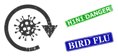 Grunge covid virus update icon and rectangle unclean H1N1 Danger seal stamp. Vector green H1N1 Danger and blue Bird Flu imprints with unclean rubber texture,のイラスト素材
