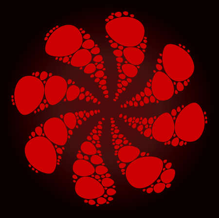 Red egg icon centrifugal spin flower fireworks shape on red dark gradient background. Flower twist combined from red scattered egg symbols.のイラスト素材