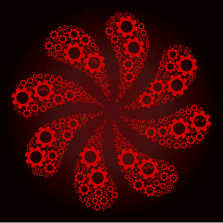 Red gear mechanics icon centrifugal spin flower fireworks shape on red dark gradient background. Flower cycle done from red random gear mechanics items.のイラスト素材