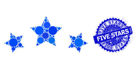 Star rating vector composition of round dots in various sizes and blue color hues, and scratched...