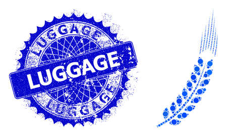 Wheat ear vector collage of circle dots in various sizes and blue color tinges, and distress Luggage stamp seal. Blue round sharp rosette stamp seal has Luggage caption inside.のイラスト素材
