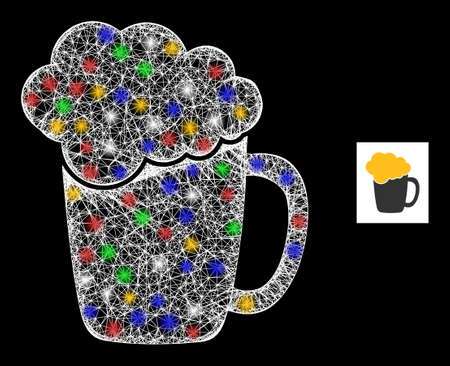 Bright crossing mesh beer glass foam with vibrant flash nodes. Illuminated vector carcass created from beer glass foam symbol. Sparkle carcass mesh beer glass foam, on a black backgound.のイラスト素材