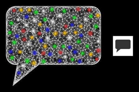 Flare net mesh forum message with vibrant light dots. Illuminated vector frame created from forum message icon. Sparkle frame mesh forum message, on a black backgound.のイラスト素材