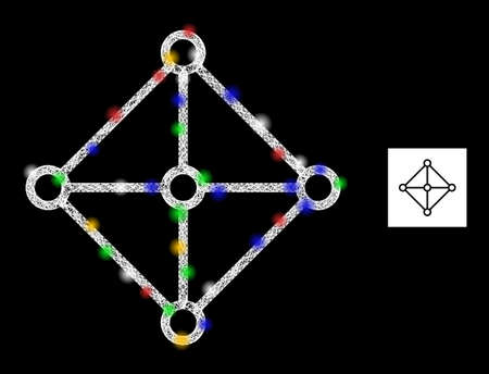 Glare hatched mesh rhombus grid centers with multi colored bright dots. Illuminated vector mesh created from rhombus grid centers symbol. Sparkle constellation mesh rhombus grid centers,のイラスト素材