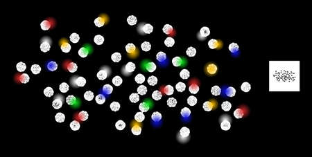 Glare net fog particles with multicolored light spots. Illuminated vector carcass created from fog particles symbol. Sparkle carcass polygonal fog particles, on a black backgound.のイラスト素材