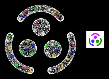 Bright net mesh community logo with multi colored light spots. Illuminated vector carcass created from community logo pictogram. Sparkle carcass mesh community logo, on a black backgound.のイラスト素材