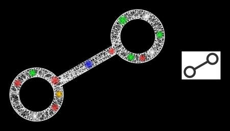Glowing net link with colored glowing spots. Illuminated vector model created from link symbol. Sparkle frame polygonal link, on a black backgound.のイラスト素材