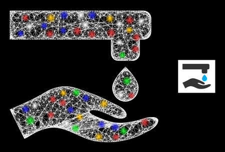 Shiny hatched mesh water thrift hand with multi colored light dots. Illuminated vector frame created from water thrift hand symbol. Sparkle constellation mesh water thrift hand, on a black backgound.のイラスト素材