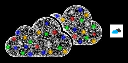 Glare hatched mesh clouds with vibrant lightspots. Illuminated vector mesh created from clouds pictogram. Sparkle frame wired clouds, on a black backgound.のイラスト素材
