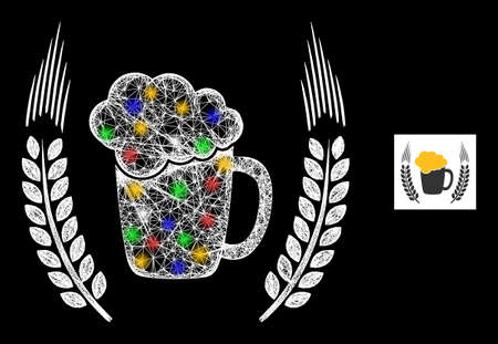 Glowing net mesh beer mug logo with multi colored light spots. Illuminated vector mesh created from beer mug logo pictogram. Sparkle frame mesh beer mug logo, on a black backgound.のイラスト素材